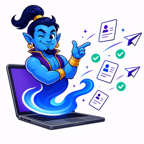 A genie in an open laptop conjuring and sending resumes and cover letters as paper airplanes
